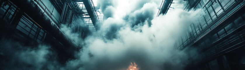 A dramatic industrial scene featuring smoke and flames, highlighting the raw energy and power of a manufacturing environment.