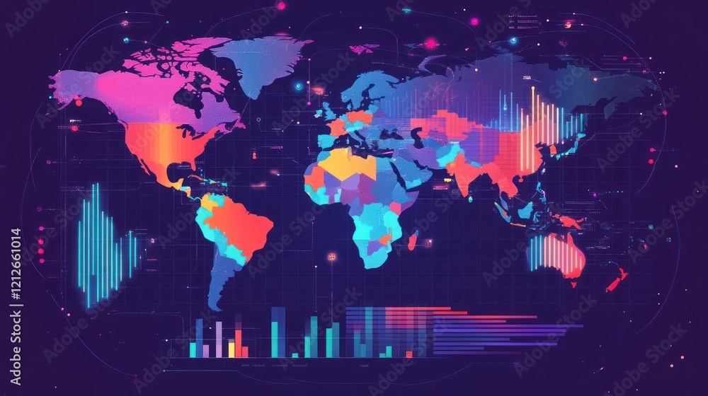 Poster Global Data Visualization Showing World Map With Charts And Graphs