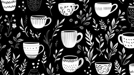Elegant Black and White Pattern of Cups and Leaves, Modern Design, Home Decor, Minimalist Style, Artistic View