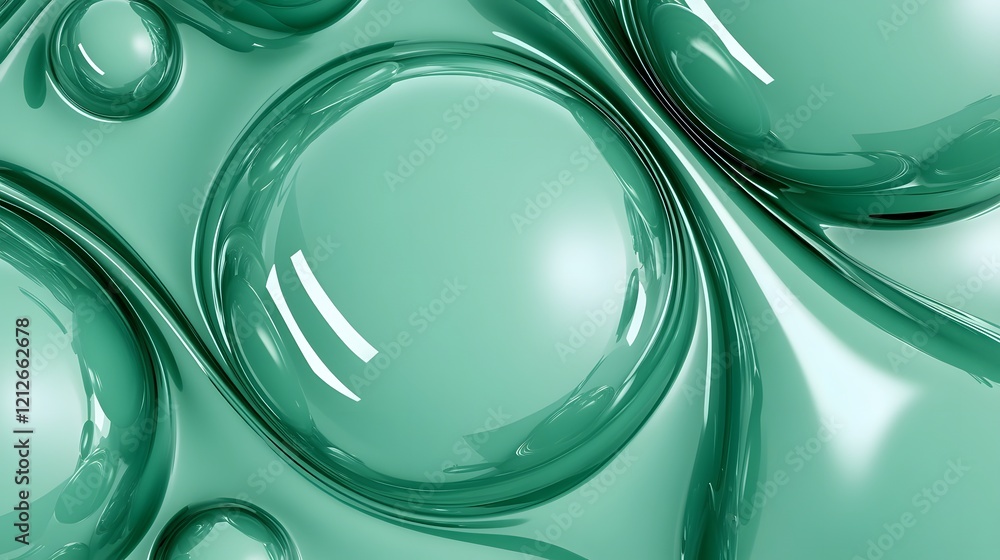 Poster smooth emerald swirls and transparent spheres - fresh and modern abstract visualization