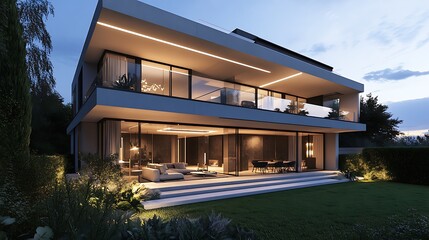 Fototapeta premium Two Story Modern Villa with Balcony and Elegant Interior Lighting