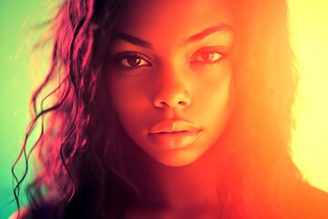 Fototapeta premium Stunning calm mixed-race girl - for ads, poster and web promotion use. Long haircut - beach waves hair. Commercial digital ads visual idea. Black woman style. Long colored styles.