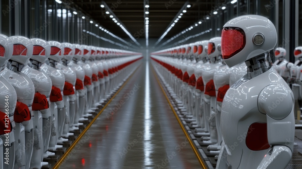 Poster Rows of Identical Robots Stand in a Factory Assembly Line