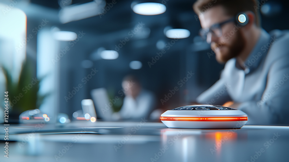 Poster futuristic business brainstorming session with glowing interaction devices in modern office environm