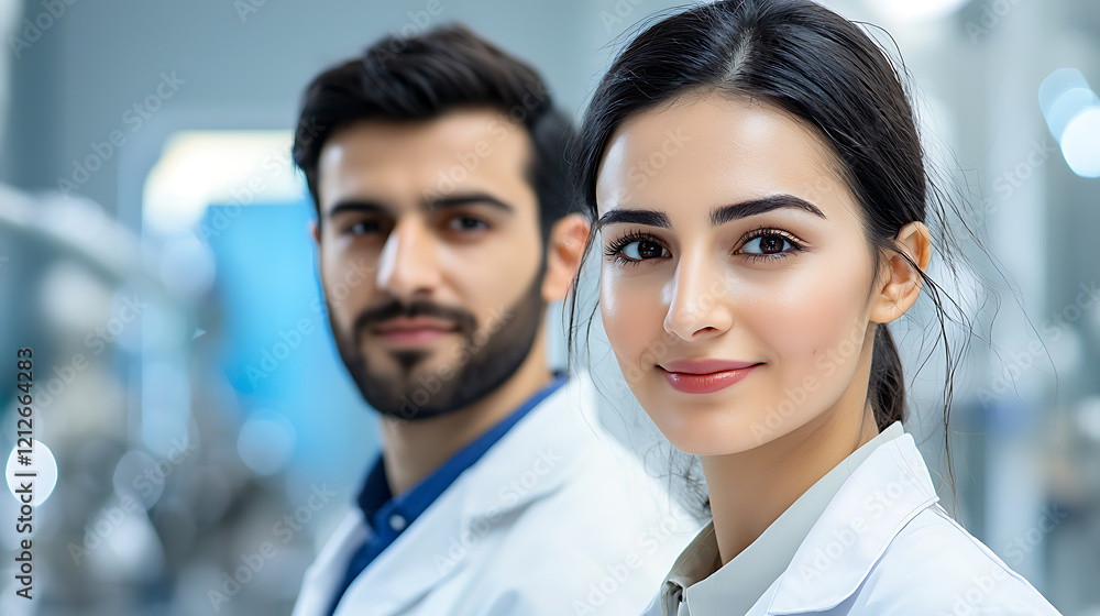 Poster engineers collaborating on industrial refinement project modern laboratory professional portrait hig