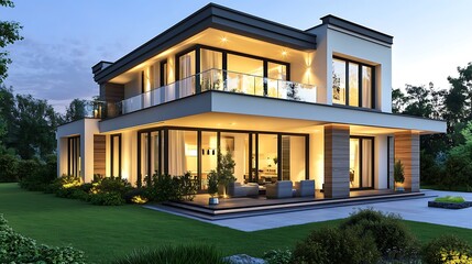 Obraz premium Two Story Modern Villa with Balcony and Elegant Interior Lighting