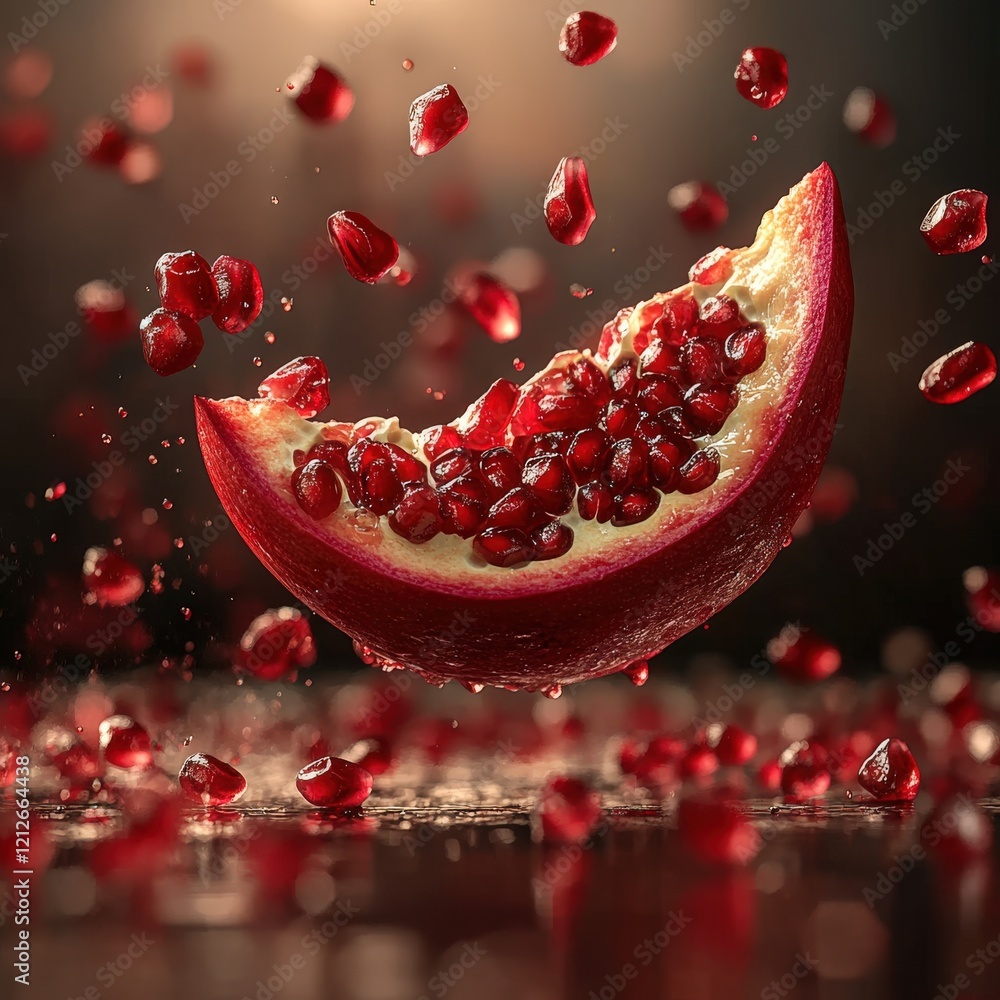 Poster a vibrant, juicy pomegranate segment levitates, with seeds splashing around it in mid-air, creating 