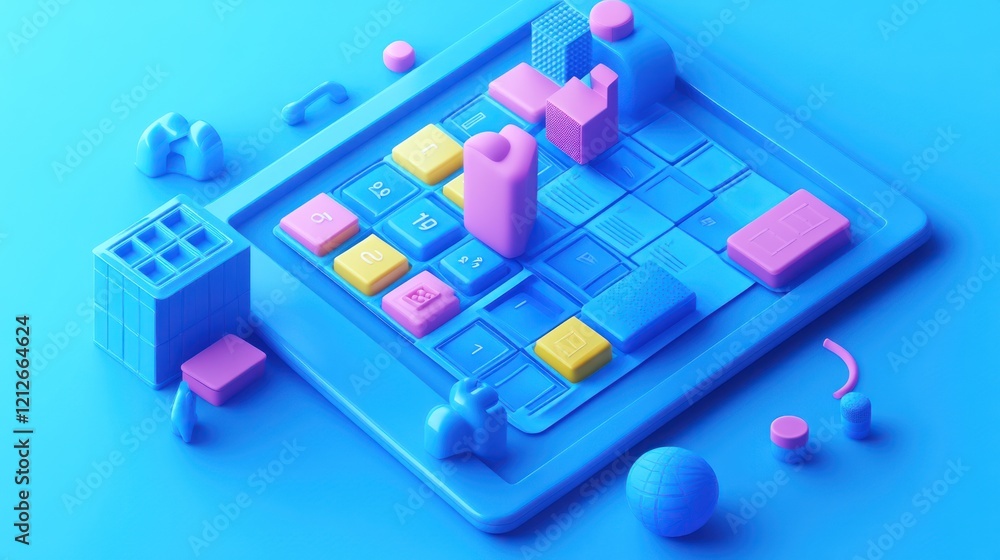Poster abstract blue keyboard with colorful geometric shapes