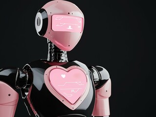 A sleek, futuristic robot with a pink heart design, showcasing a blend of technology and affection in a dark setting.