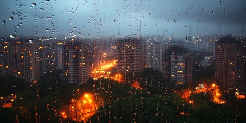 Fototapeta premium Rainy Cityscape Through Glass Window at Twilight