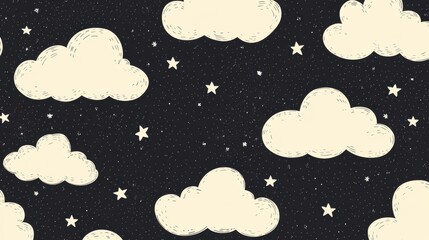 Whimsical Seamless Pattern of Bold Black Clouds and Small White Stars, Digital Design, Graphic Art, Night Sky, Aesthetic Appeal