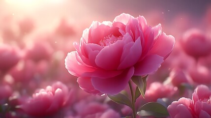 Pink peony flower in field, sunrise.