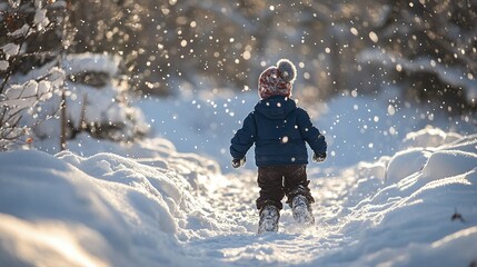 Naklejka premium the excitement of a child waking up on a winter morning to find a blanket of fresh snow, perfect for building snow forts.