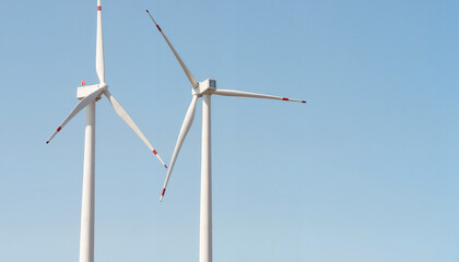 Wind turbines generating clean energy against blue sky, Earth Day