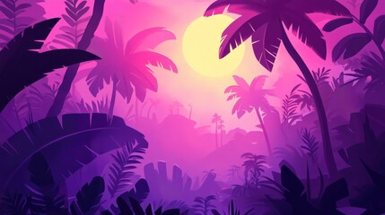 Obraz premium Purple Tropical Sunset Palm Trees Landscape