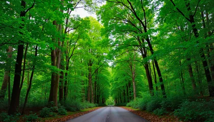 Selbstklebende Fototapeten Lush green forest pathway showcasing nature's beauty, Earth Day © Madlen Gray