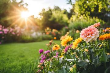 Obraz premium Colorful Dahlias in a Sunlit Garden