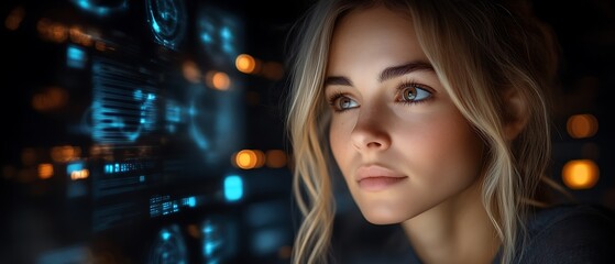 Woman gazing at futuristic interface.