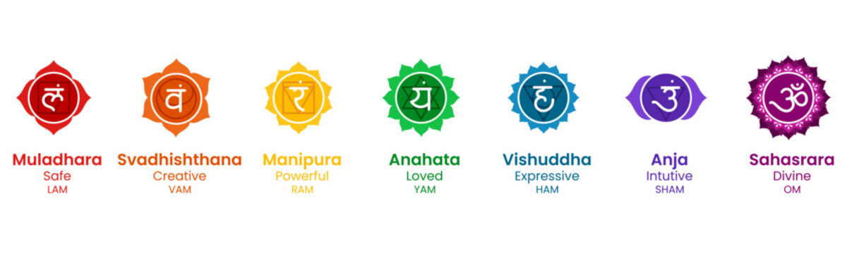 PS100_Chakra_180101Chakra set,Vector Design. Meditation, spirituality, energy, healing icon set in banner size all Unique Chakra with Their Names.
