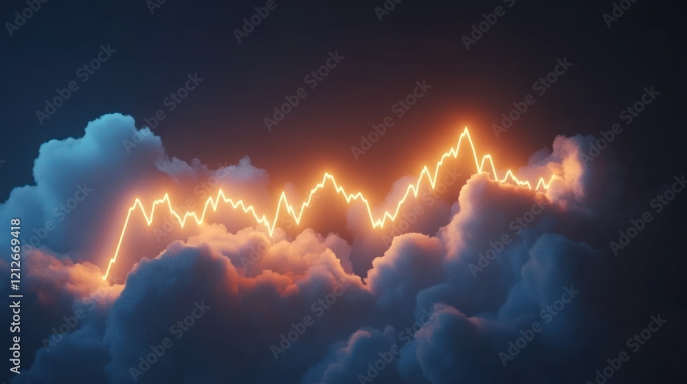 Poster glowing stock market graph above cloudscape