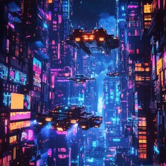 Neon Cityscape Spaceships Futuristic Flight
