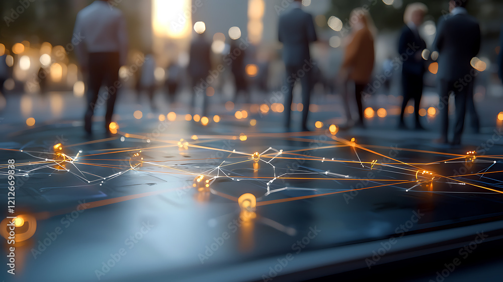 Poster digital collaboration event showcasing glowing nodes in a global network urban environment futuristi