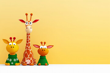 Three adorable cartoon giraffes against a yellow background, with two wearing festive green sweaters featuring snowflake patterns, creating a playful and cheerful holiday scene. Copy Space
