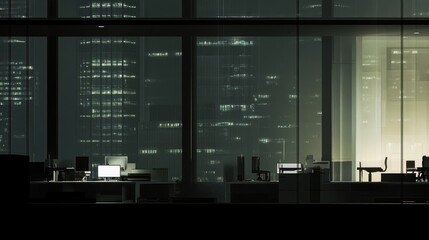 Nighttime Office Scene Cityscape View Modern Workspace