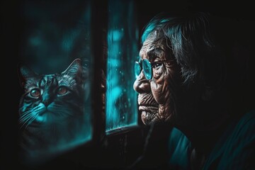 An elderly woman gazes thoughtfully through a window, with a curious cat peering in, evoking a sense of contemplation and connection.