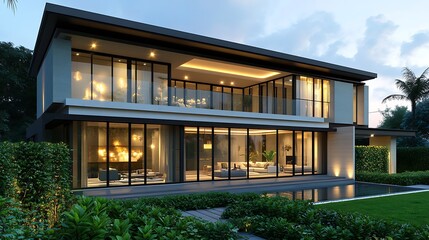 Obraz premium Contemporary Villa Design with Green Accents and Flat Roof Style