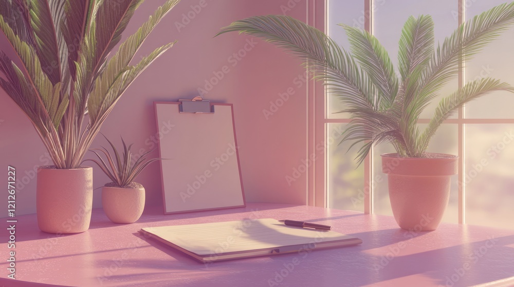 Poster pink desk setting with plants notepad and pen