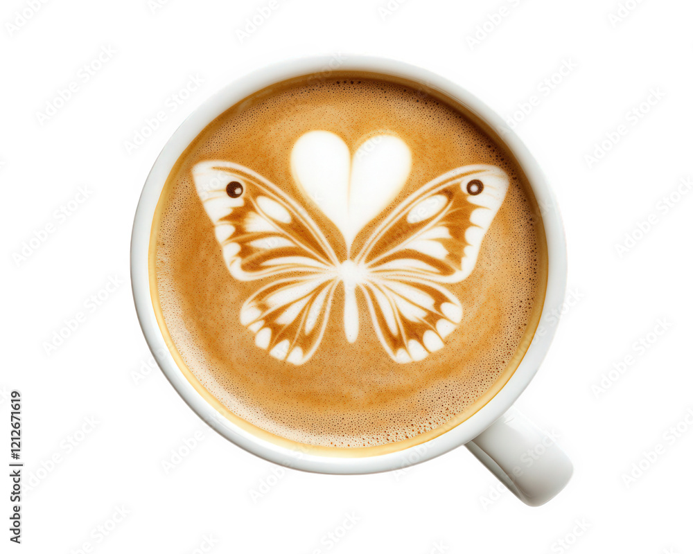 Poster latte with butterfly pattern on top, isolated on transparency background, showcases intricate latte 