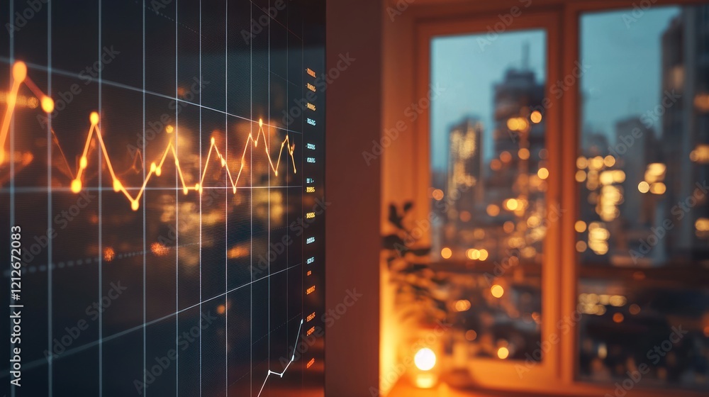 Poster financial data graph displayed on screen at night