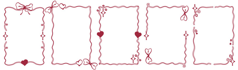 Vintage coquette frame with heart and star. Coquette style for valentine day and romantic design. Cute frame, wavy line and elegant bow. Vector illustration