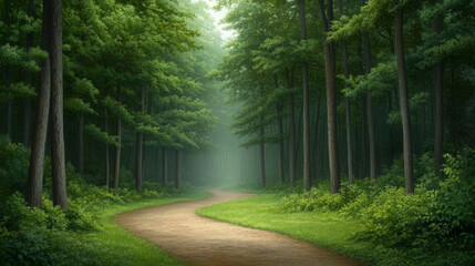 Fototapeta premium tranquil forest path surrounded by lush greenery and mist, inviting exploration and serenity. early morning light enhances peaceful atmosphere of this natural setting