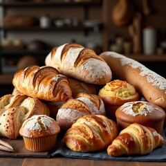 Freshly baked bread and pastries on display in a bakery