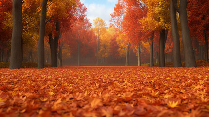 Obraz premium tranquil forest scene featuring vibrant autumn foliage and fallen leaves. warm colors of orange, red, and yellow create serene atmosphere, inviting peaceful reflection