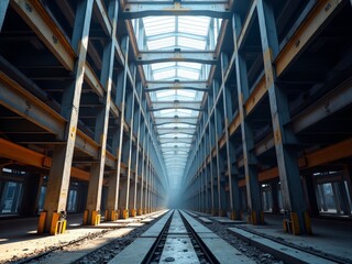 Industrial interior with metal beams and tracks