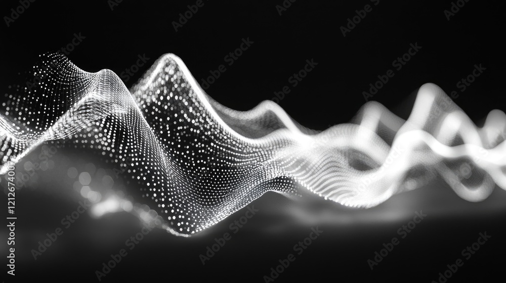 Poster abstract white wave form made of dots on black background minimal and stylish effect