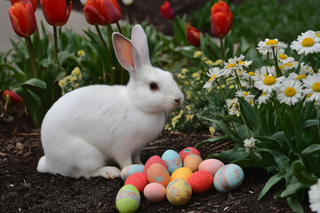 Fototapeta premium Easter Bunny and Painted Eggs in Green Grass