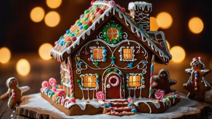 Naklejka premium A festive gingerbread house decorated with colorful candies and icing, ideal for holiday celebrations.