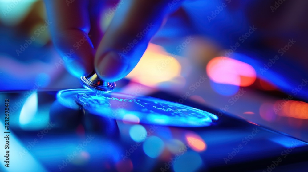 Poster a hand using a stethoscope on a luminous screen