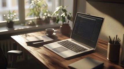 Fototapeta premium workspace featuring a laptop displaying code, notebooks, a coffee cup, and plants. A serene and productive atmosphere is depicted.