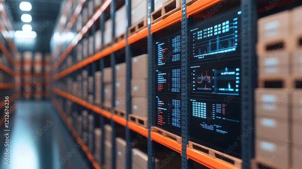 Poster digital dashboard tracking and management system overlaying warehouse scene in 3d
