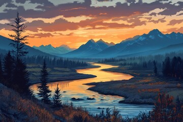 Fototapeta premium Serene Sunset Over Winding River And Majestic Mountains