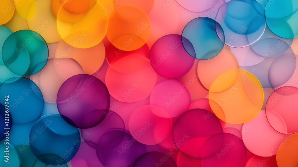 Poster overlapping transparent spheres in a vibrant colorful array - modern playful abstract design
