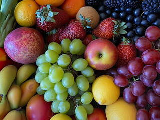 Fresh Fruit Abundance: A vibrant and enticing close-up of an assortment of fresh fruits, bursting with color and texture.  Grapes, apples, strawberries, oranges, lemons