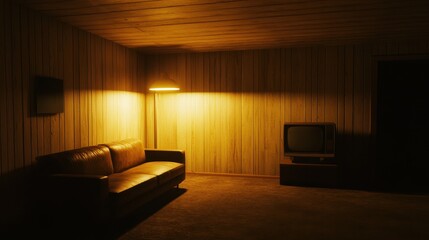 Retro Living Room Illuminated By Warm Lamplight