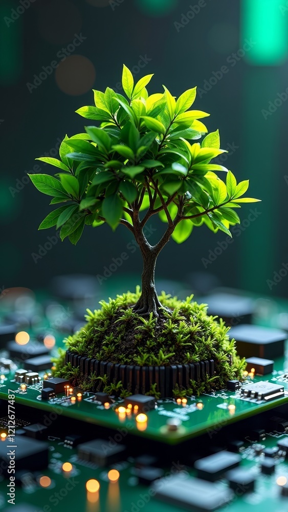 Poster a small tree growing on a computer circuit board