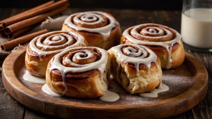 Delicious cinnamon rolls drizzled with icing on a wooden platter, perfect for dessert.